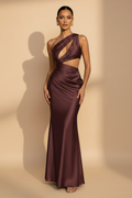 Aveline – Vestido Maxi Asimétrico Satinado Burdeos