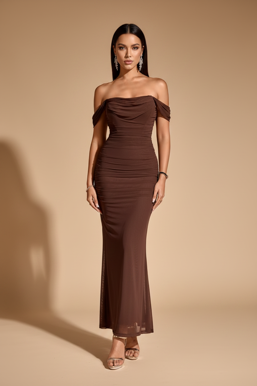 Serena Vestido Largo Drapeado Chocolate