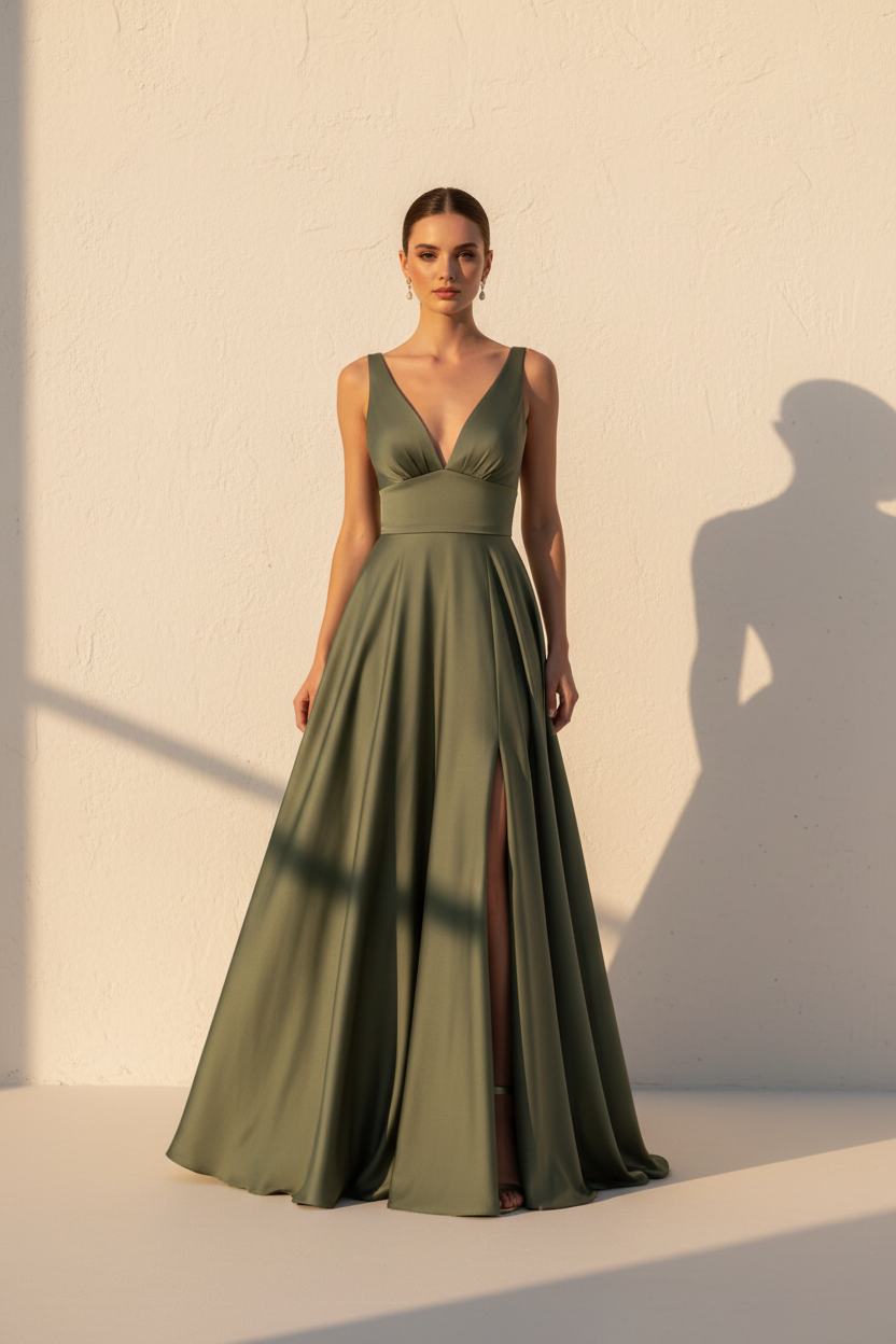 Aurelia – Vestido Largo Fluido Efecto Silueta Verde Oliva