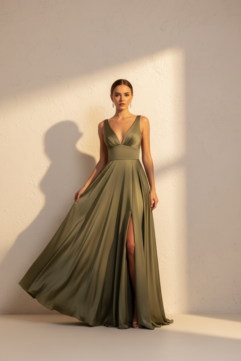 Aurelia – Vestido Largo Fluido Efecto Silueta Verde Oliva