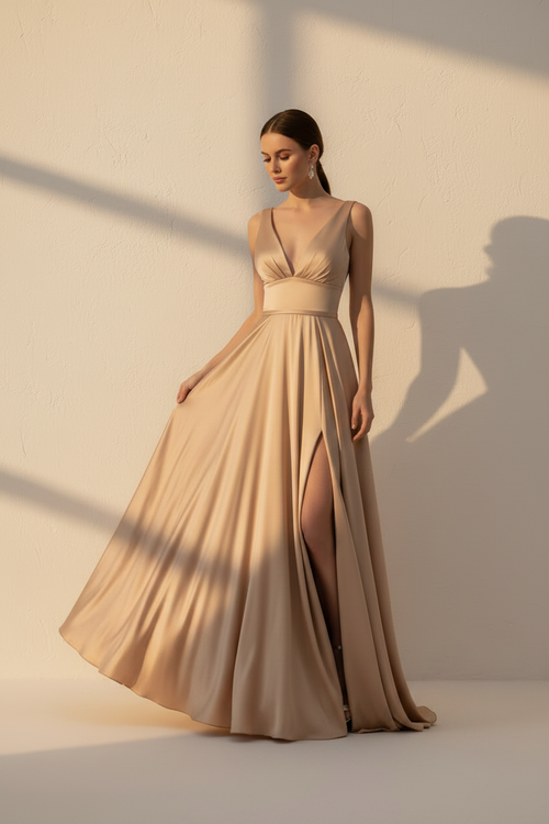 Aurelia – Vestido Largo Fluido Efecto Silueta Champagne