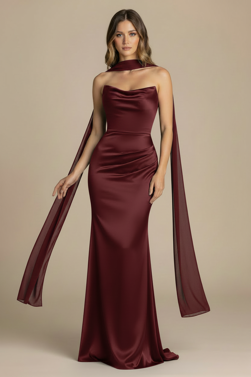 Serena – Vestido Maxi Strapless Efecto Silueta Burdeos