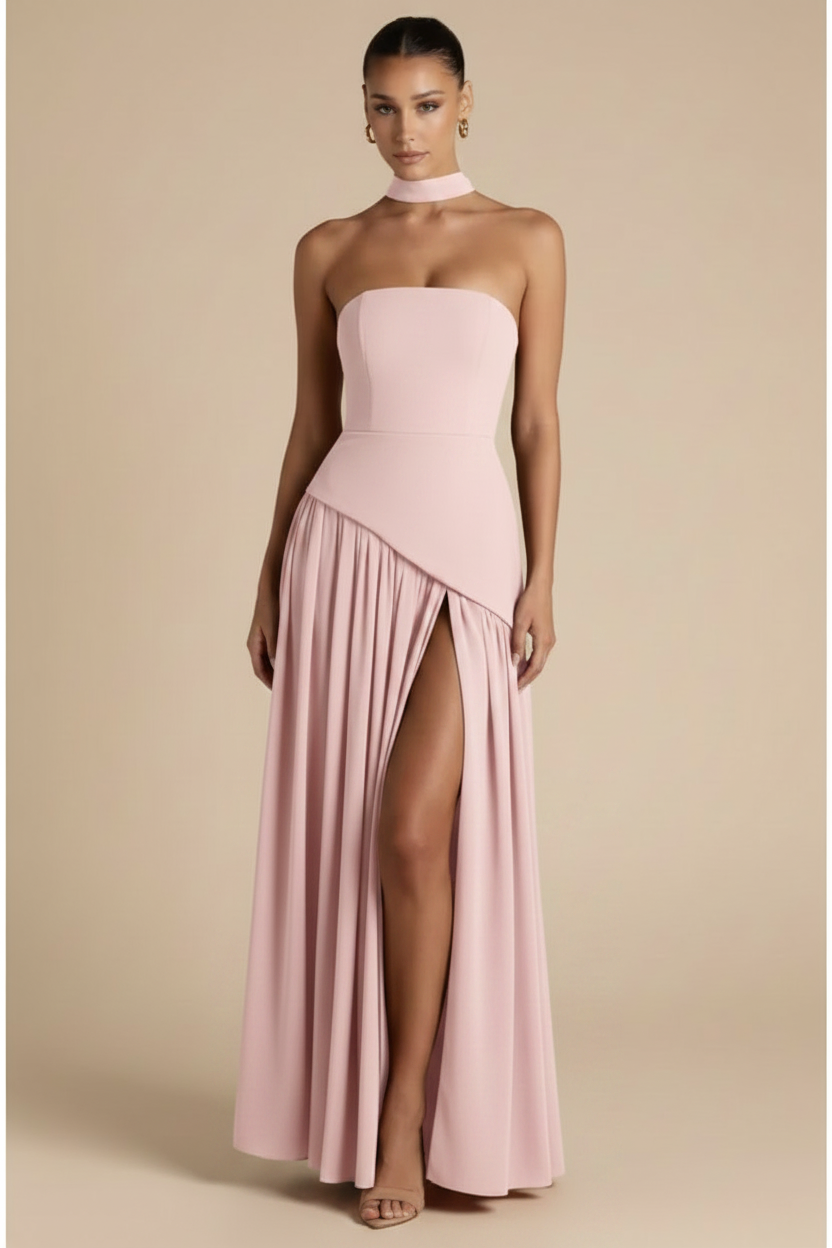Valeria – Vestido Maxi Strapless Abertura Elegante Rosa Claro