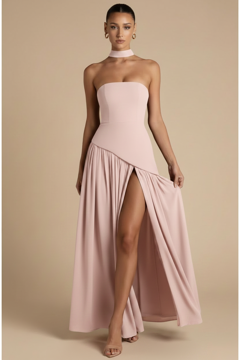 Valeria – Vestido Maxi Strapless Abertura Elegante Rosa Claro